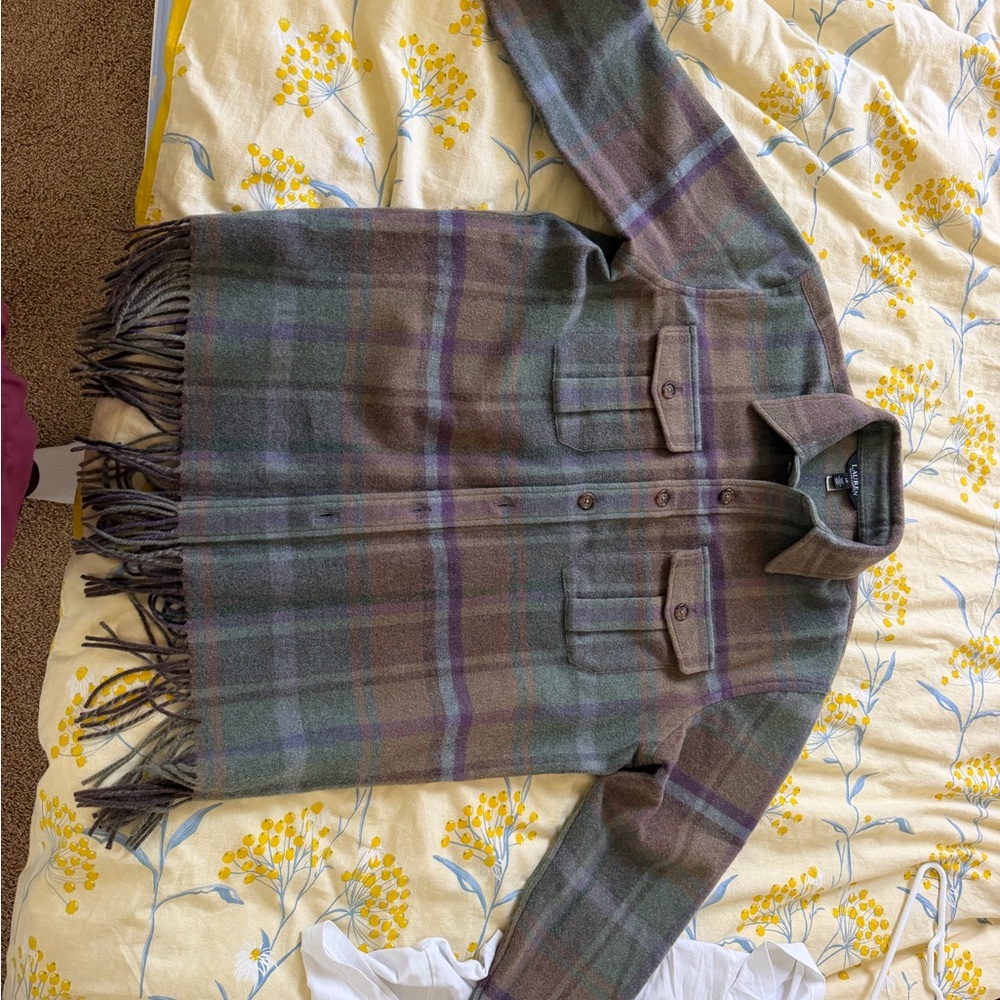 Polo by Ralph Lauren Plaid Fringe Wool-Blend Coat - Green/Brown/Purple
